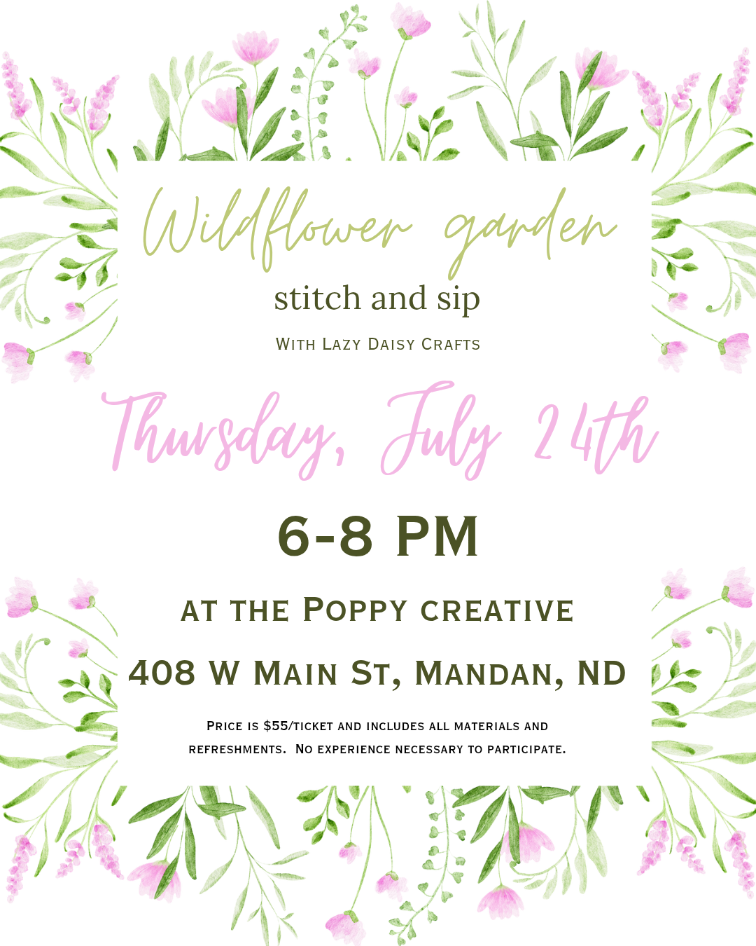 Wildflower garden stitch and sip embroidery class
