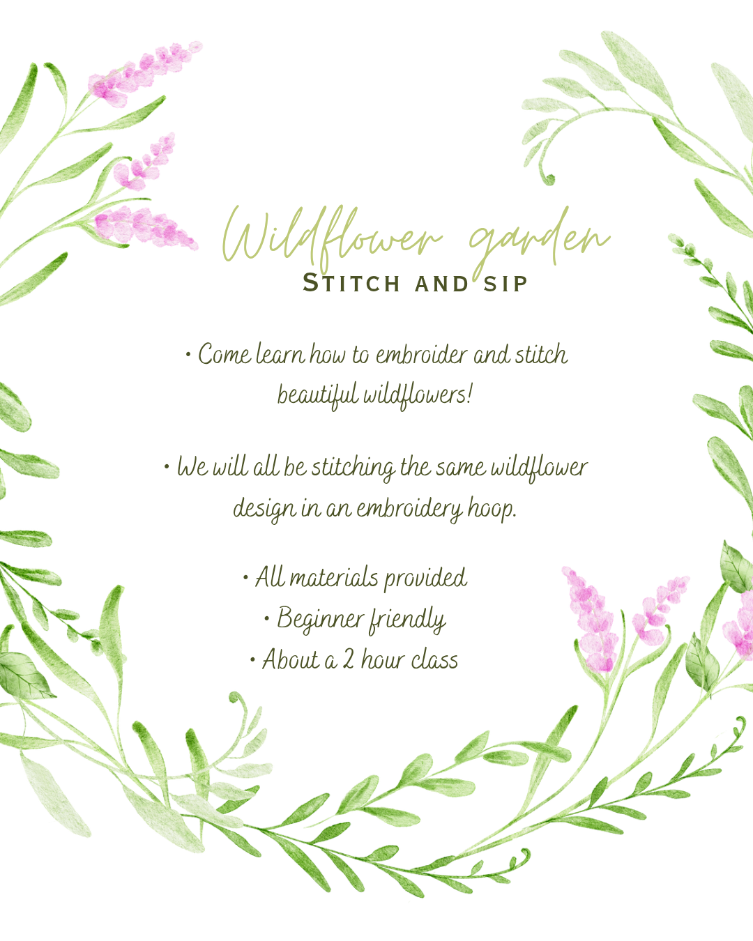 Wildflower garden stitch and sip embroidery class