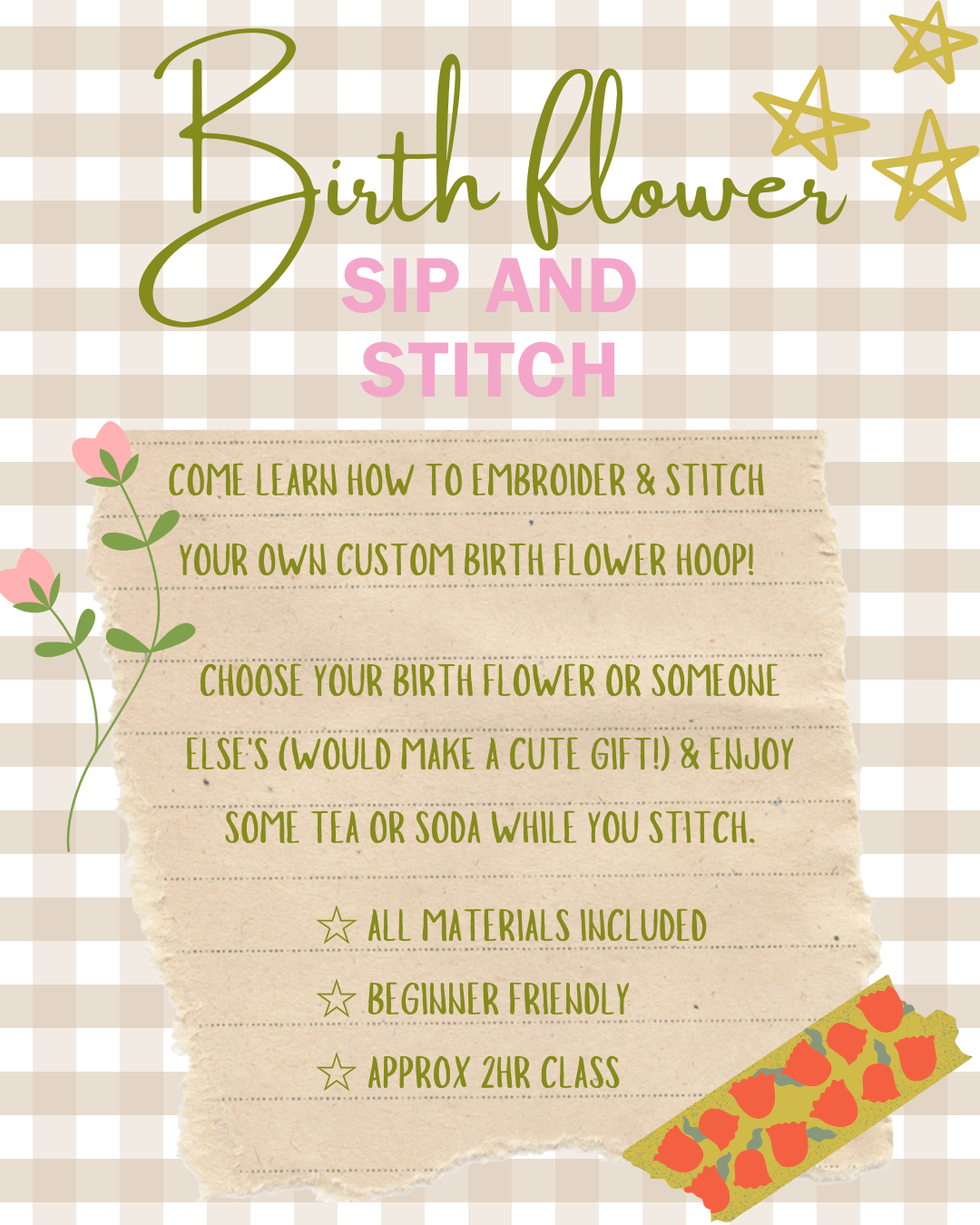 Birth flower sip and stitch