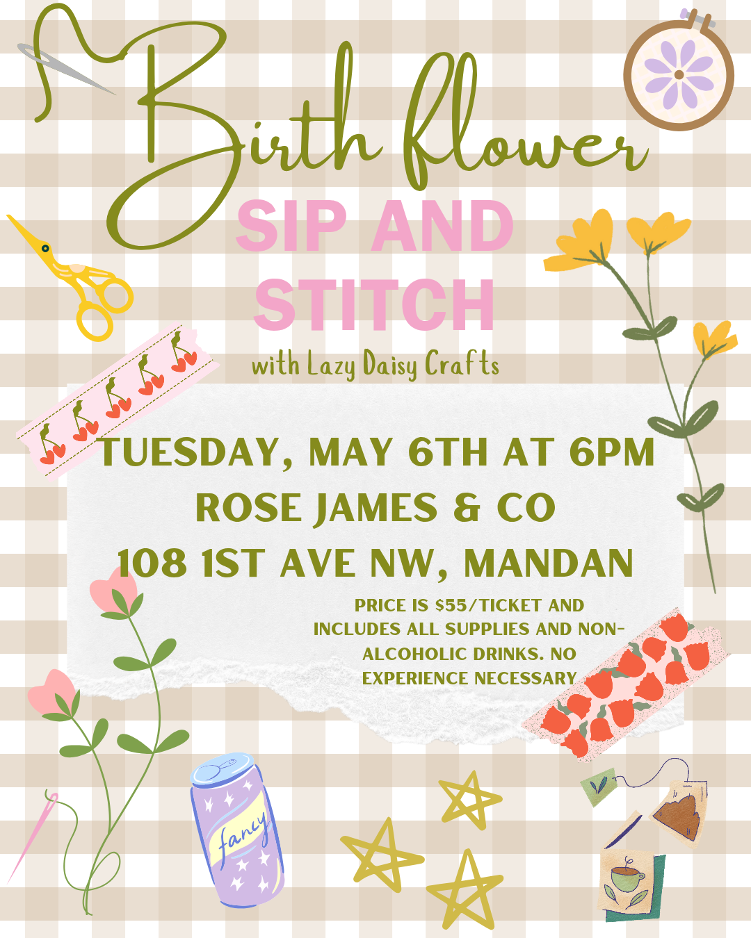 Birth flower sip and stitch