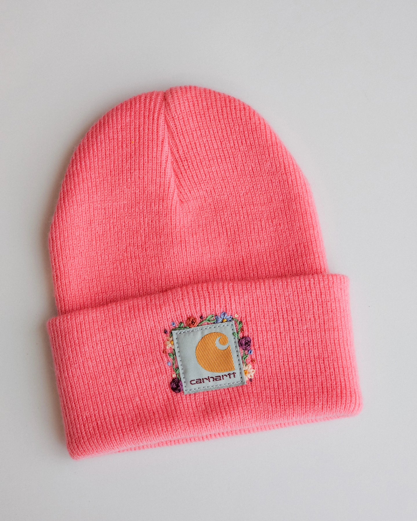 Pink embroidered beanie