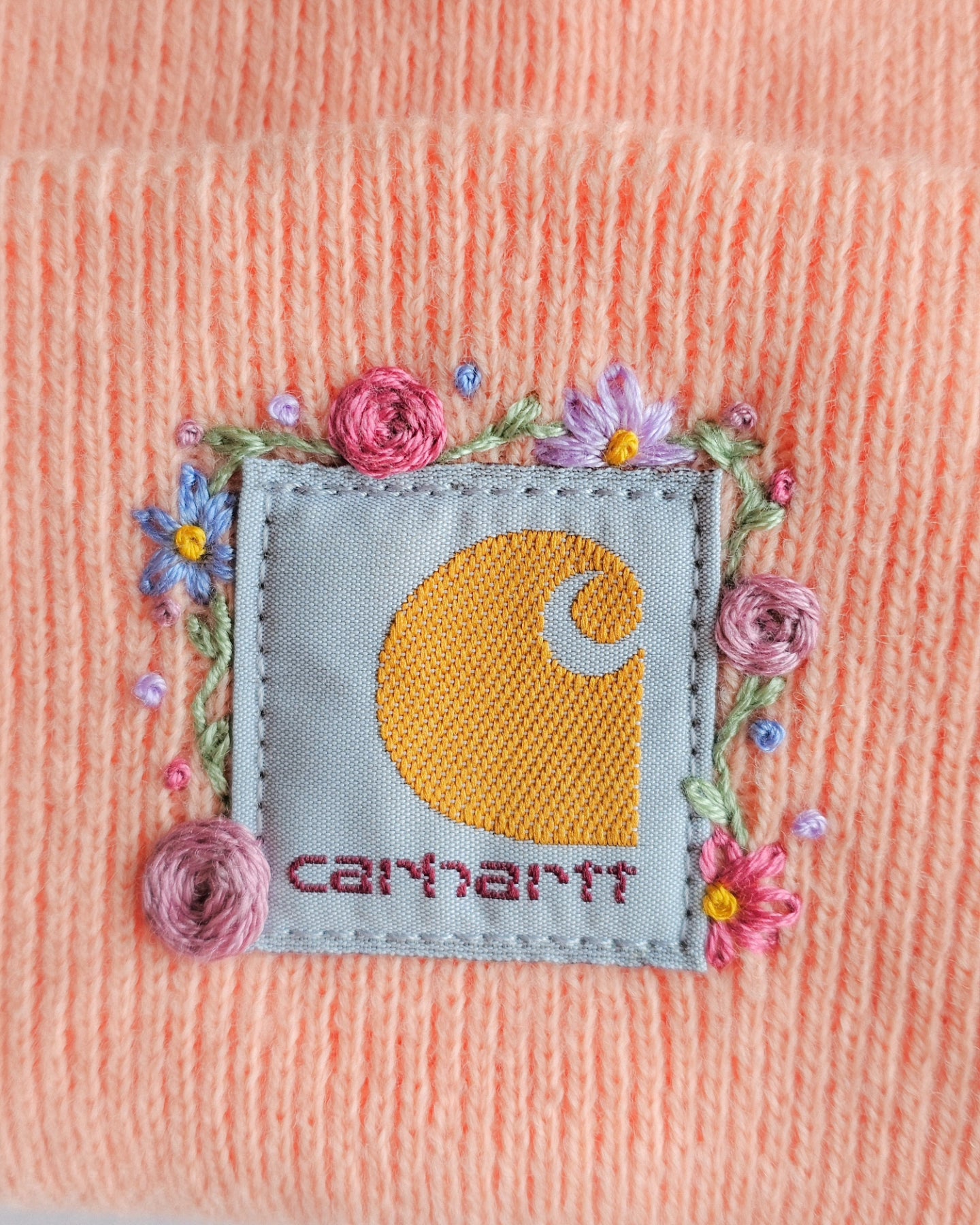 Peachy pink embroidered beanie