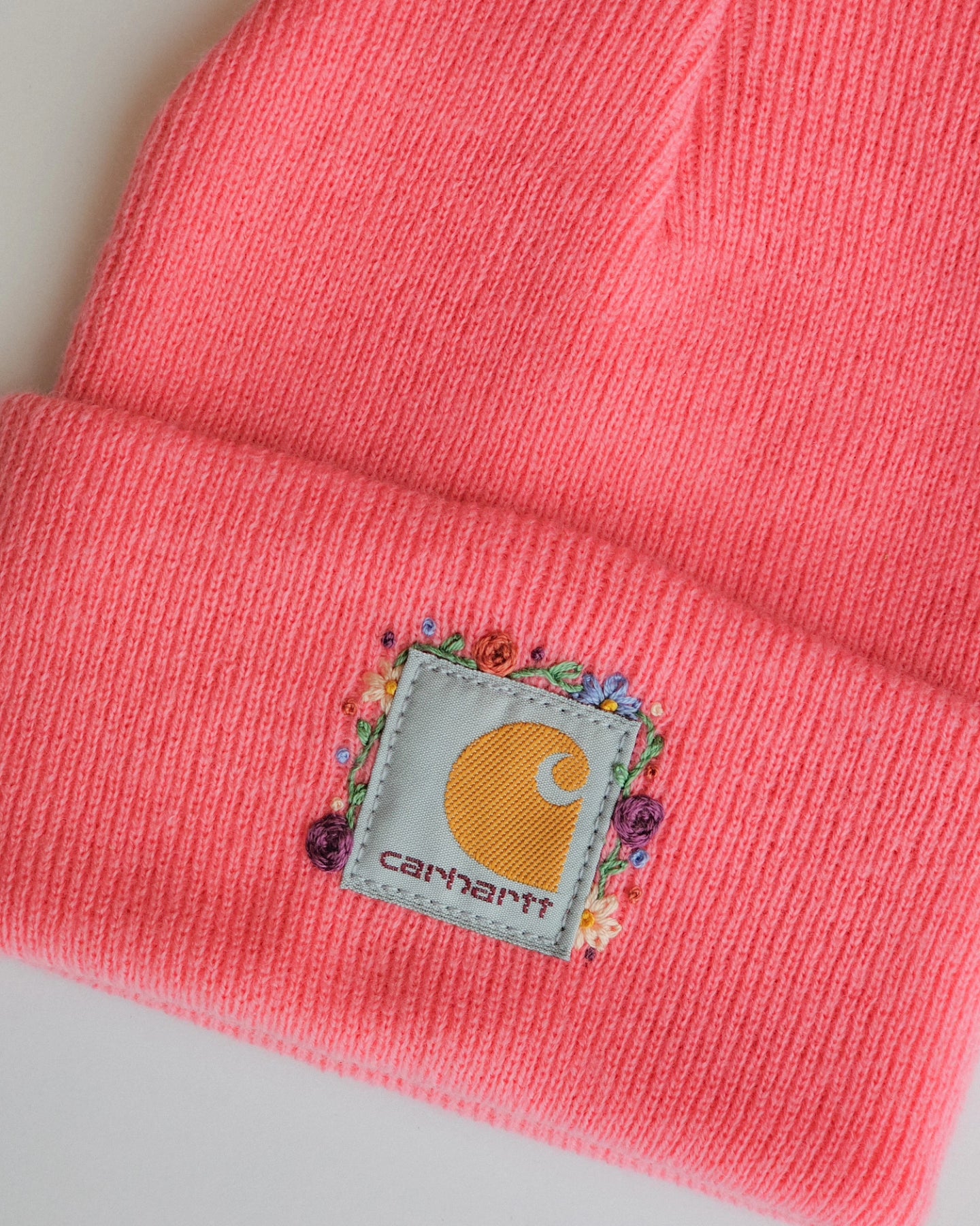 Pink embroidered beanie