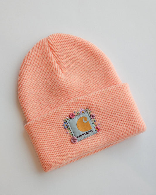 Peachy pink embroidered beanie